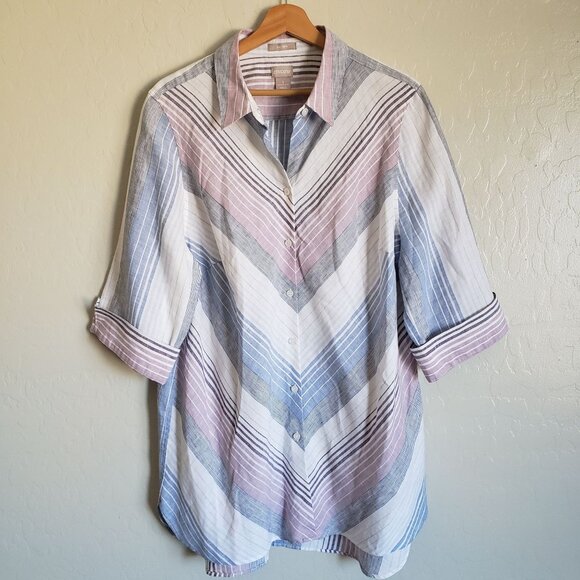 Chico's No Iron 100% Linen Striped High Low Shirttail Hem Tunic Sz Women's 16/18 - Picture 1 of 10